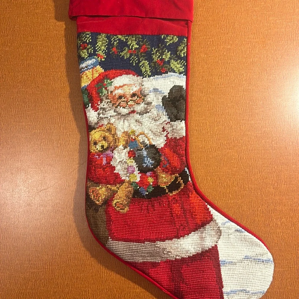 Santa Wool Embroidered Stocking with Red‎ Velvety Fabric